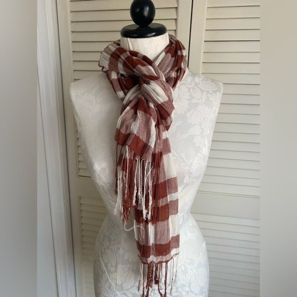 Brown & White Lightweight Plaid Scarf With Tassels Appx 74"x19"
